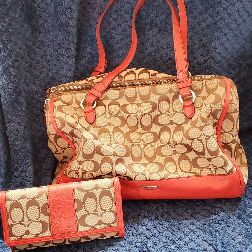 Coach red brown purse matching wallet